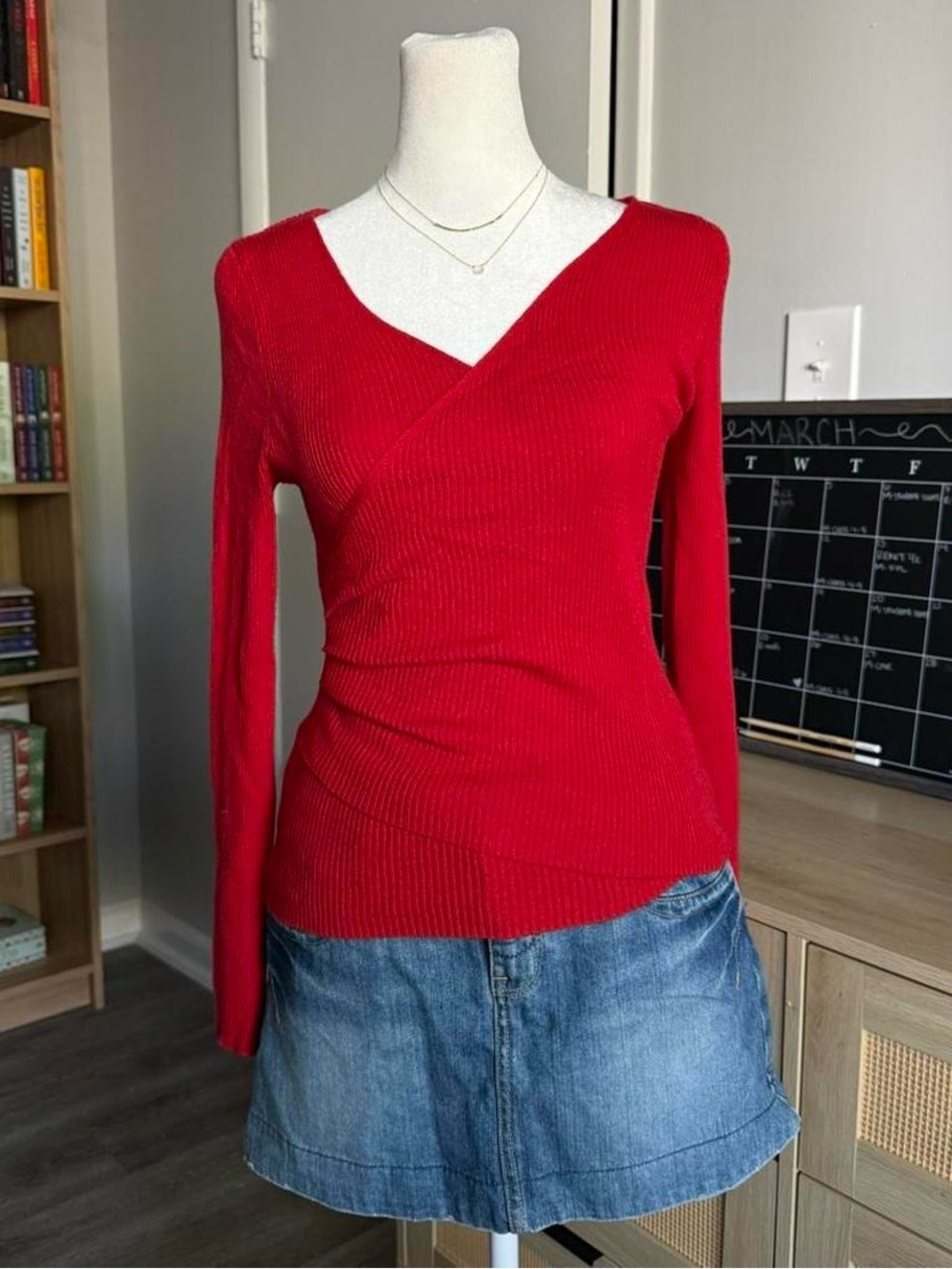 red long sleeve wrap top